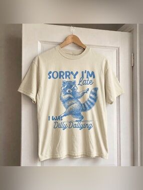 Men's Cream Graphic T-Shirt with Blue Raccoon Print